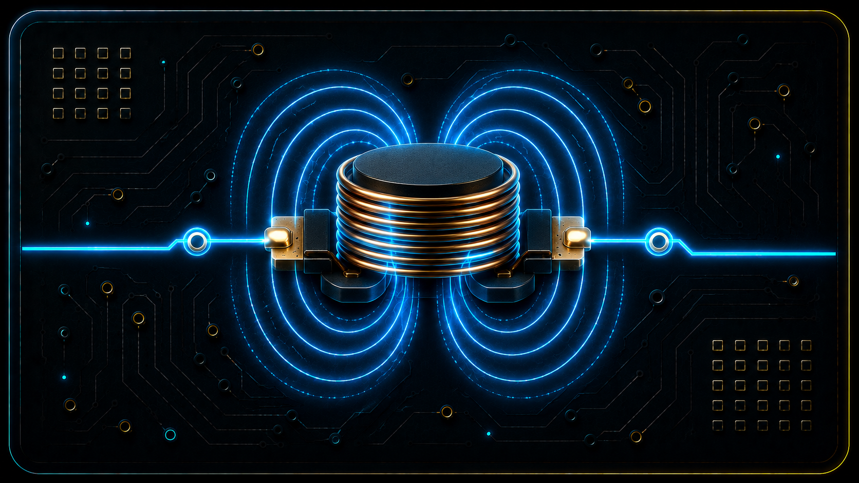 Stylised PCB inductor coil with magnetic-field energy loops