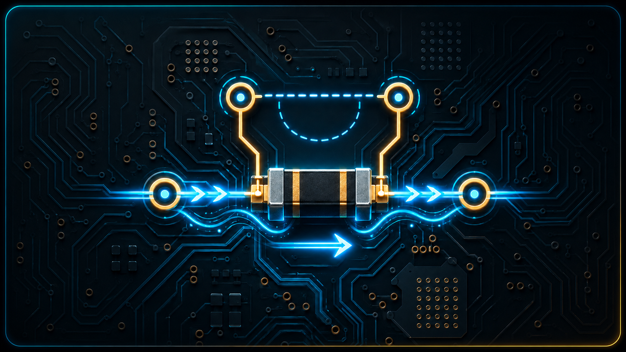 Stylised resistor circuit with current-flow arrows