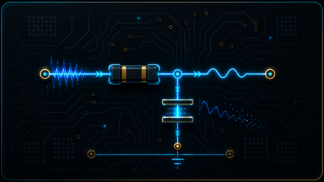 Stylised RC low-pass filter and attenuated waveform