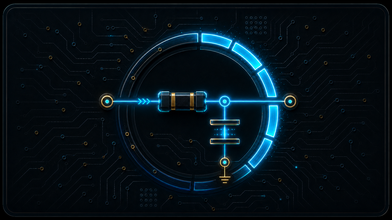Stylised resistor-capacitor circuit with a timing dial