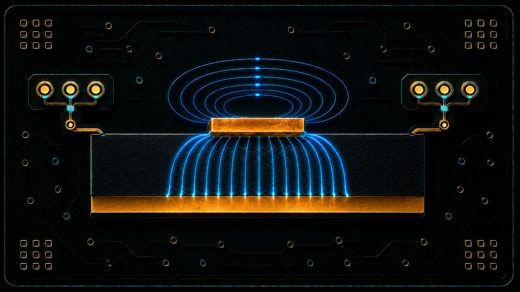 Stylised PCB transmission-line cross-section showing trace geometry, dielectric spacing, and return plane fields