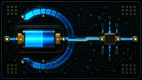Stylised battery module feeding a measured load path with runtime arc