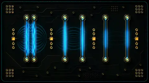 Stylised high-speed PCB traces with spacing examples showing crosstalk coupling and isolation