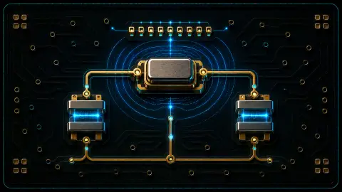 Stylised crystal oscillator network with load capacitors and calibrated frequency trim context